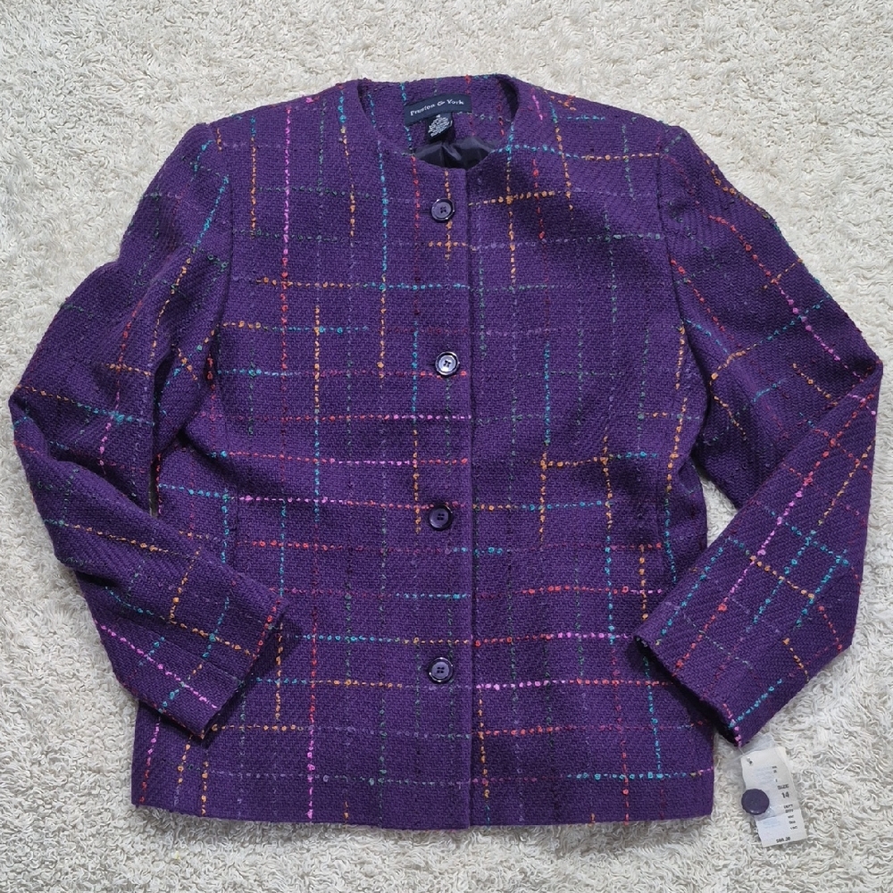 PRESTON & YORK wool Blend 90s Retro Blazer 14 Royal Purple Boucle Suit Jacket